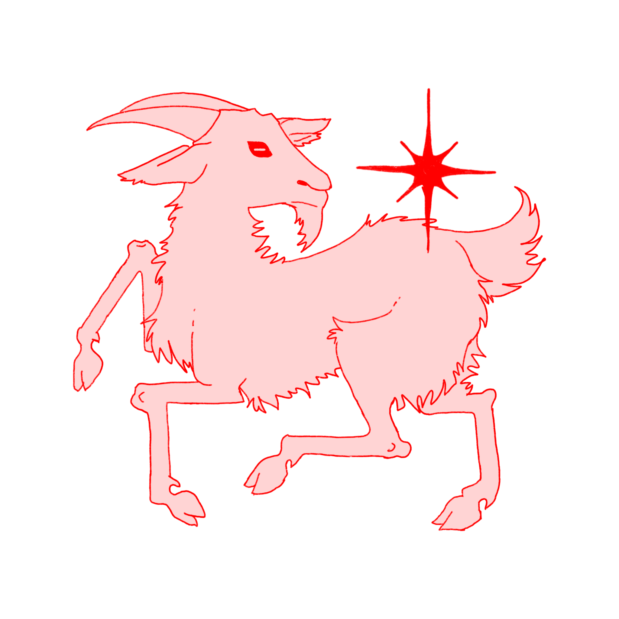 A drawing of a stylized pink goat with a red outline.